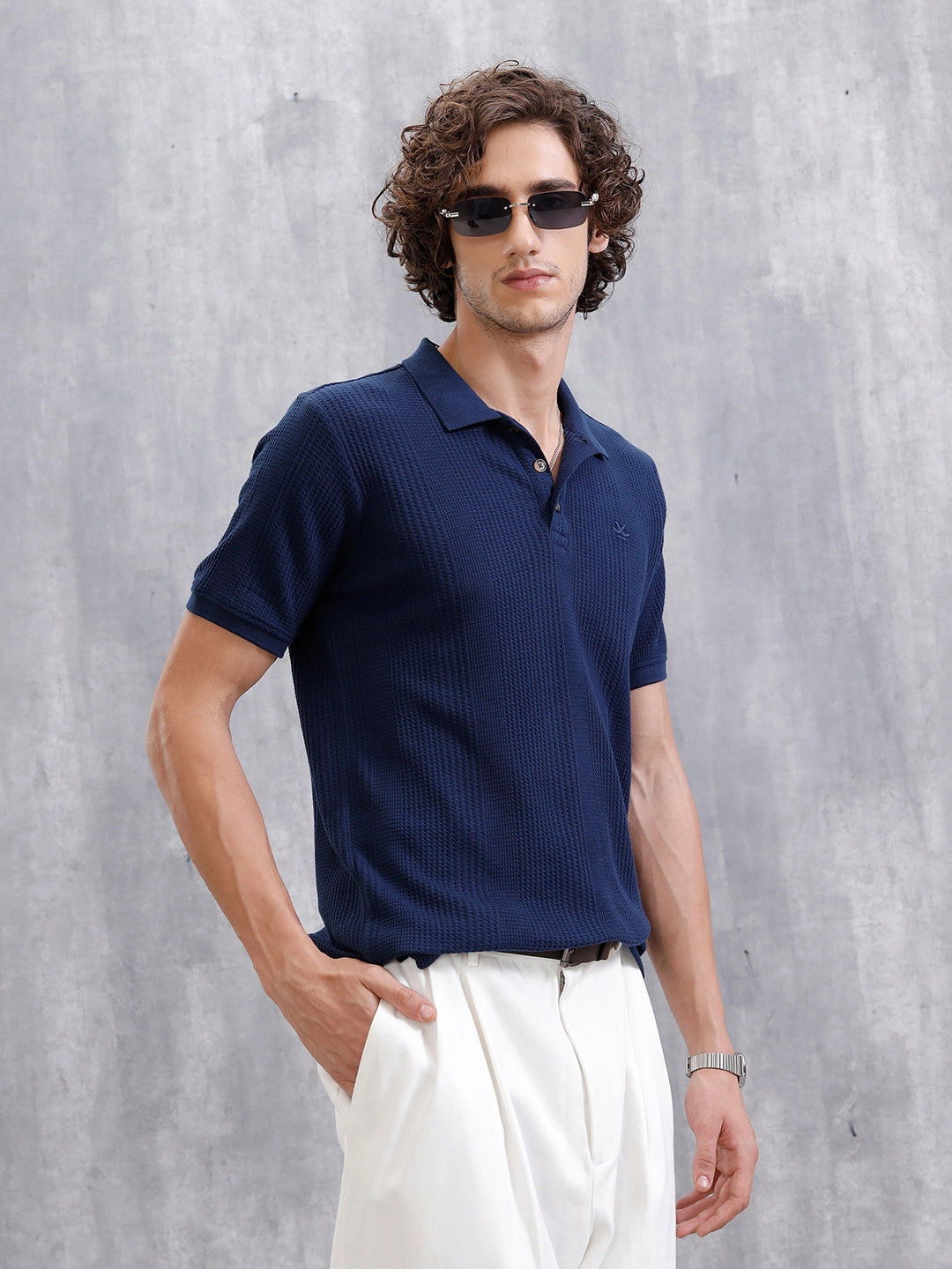 Waffle Textured Polo T-Shirt -  | Navy Blue