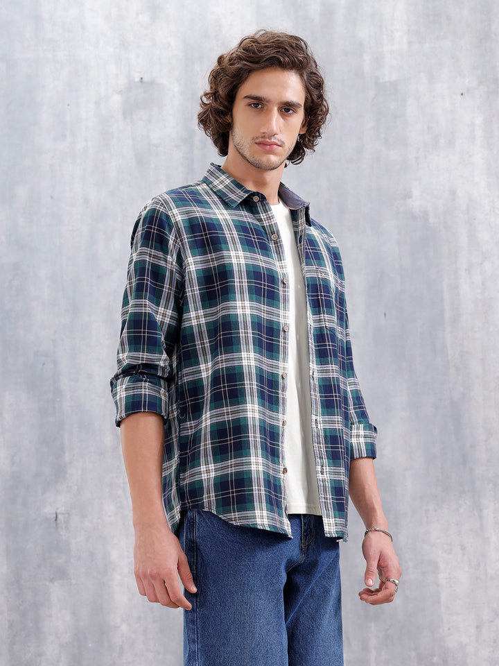 Slim Fit Cotton Indigo Twill Check Shirt | Green