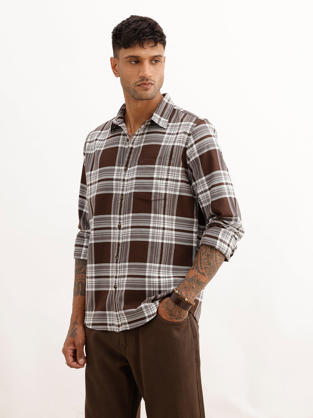 Classic Regular Fit Checkered Shirt | Brown