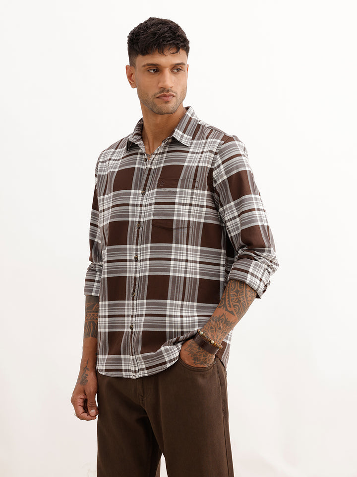 Classic Slim Fit Checkered Shirt | Brown