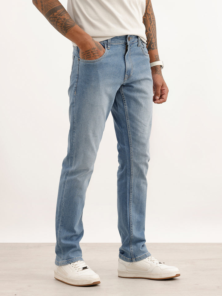Faded Straight Fit Denim Jeans | Light Blue