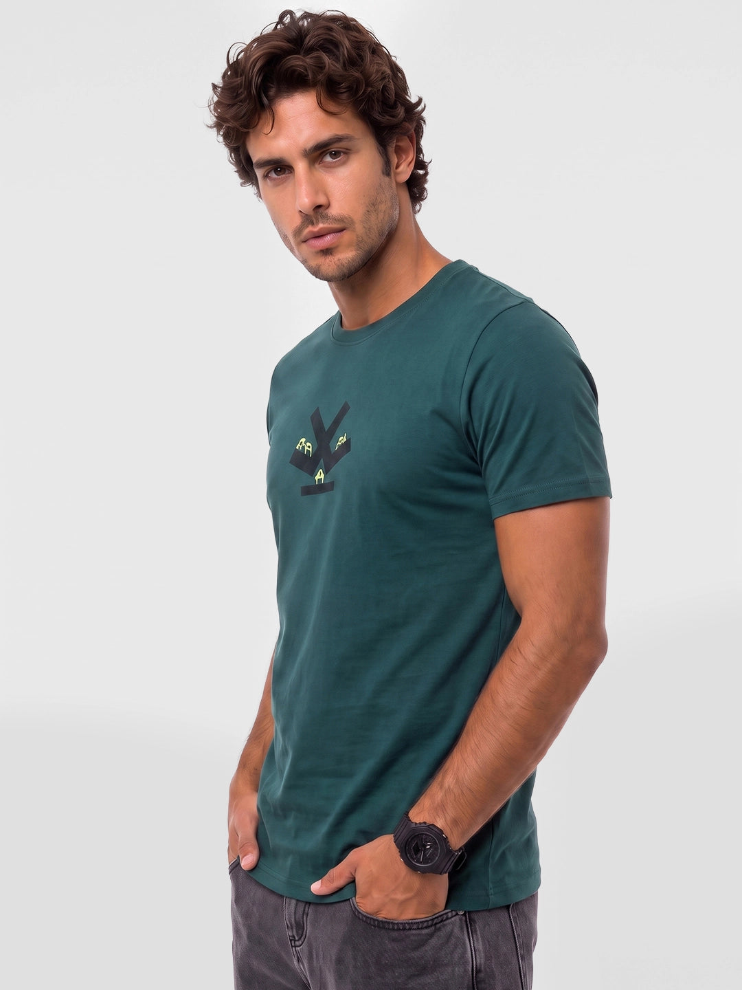 Slim Fit Placement Printed T-Shirt | Dark Green
