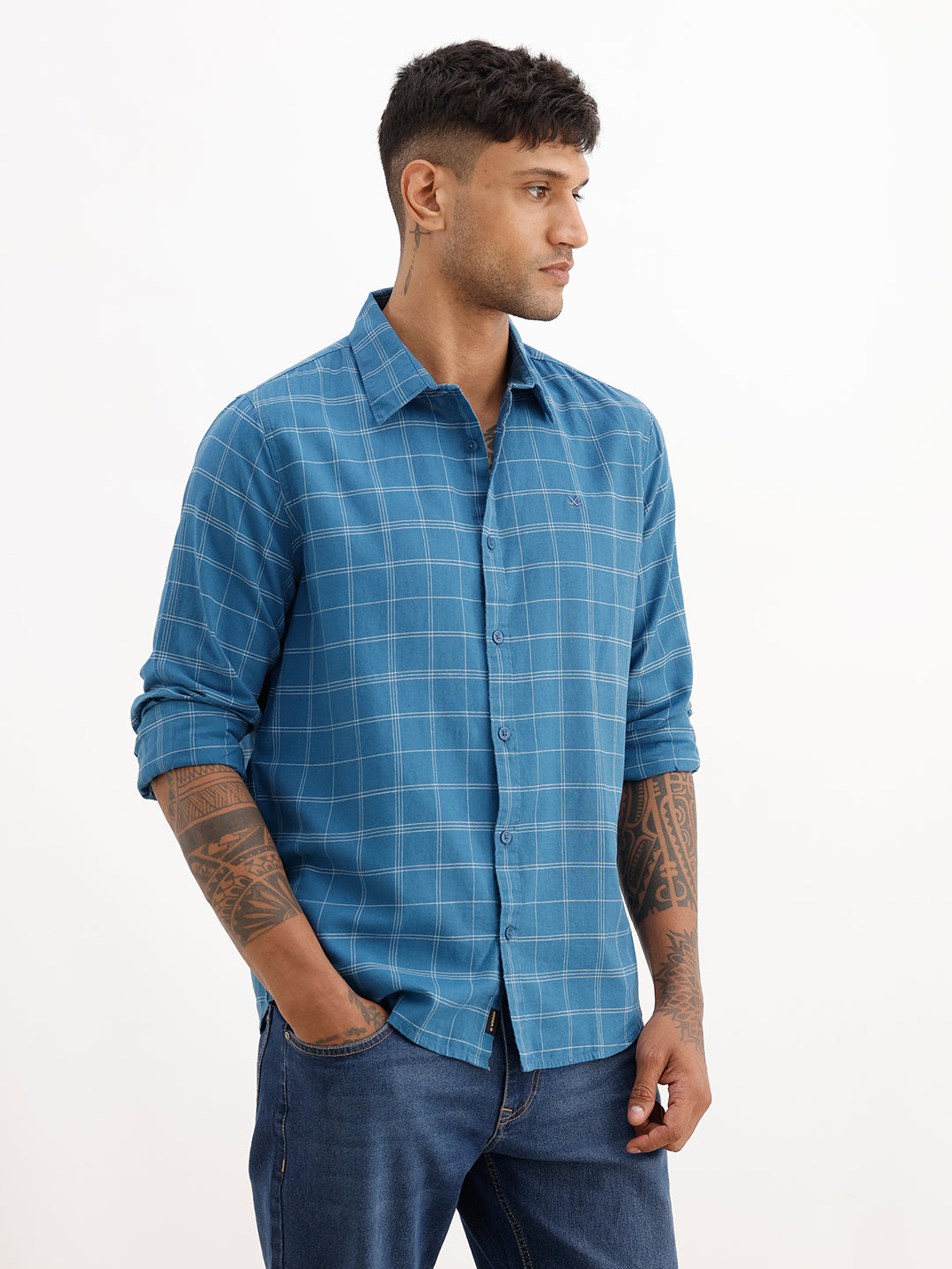 Slim Fit Checkered Full Sleeve Shirt | Blue