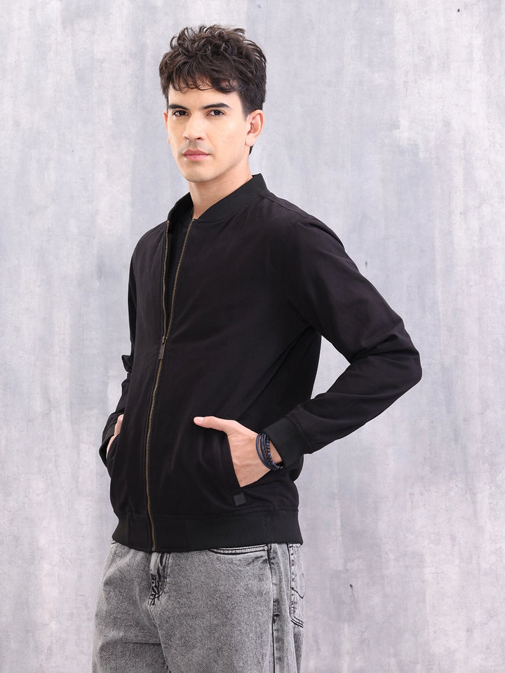 Solid Casual Bomber Jacket | Black
