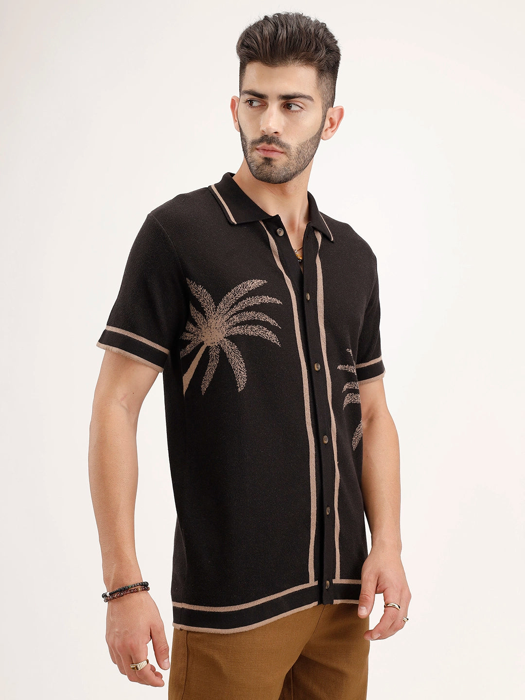 Slim Fit Jacquard Resort Collar Shirt | Black