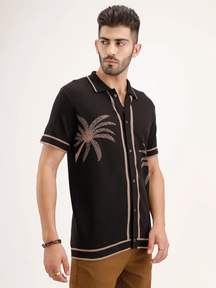 Slim Fit Jacquard Resort Collar Shirt | Black