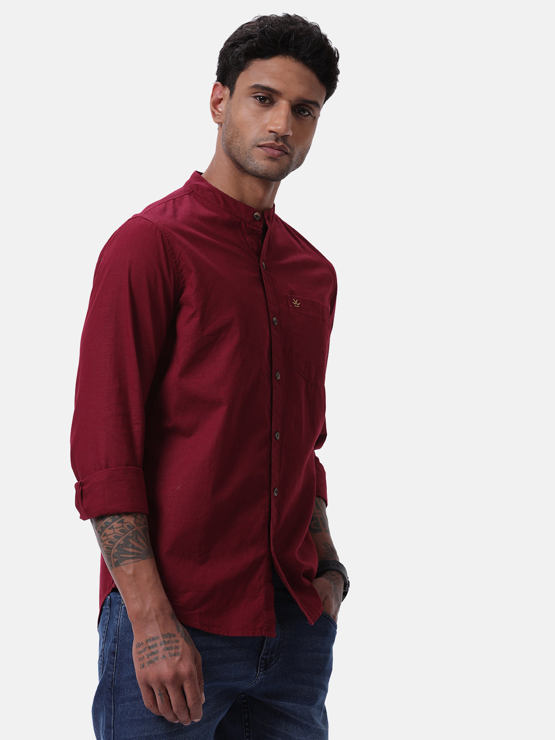 Classic Wine Mandarin Collar Shirt