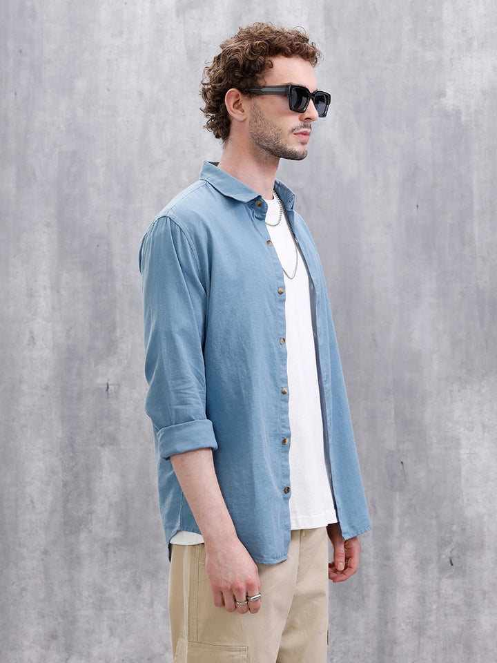 Solid Linen Blend Slim Fit Shirt | Blue