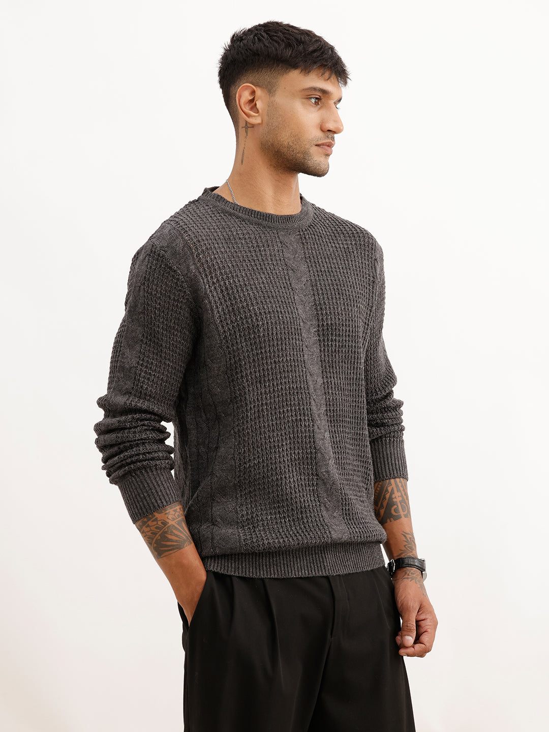 Regular Fit Textured Cable Knit Sweater | Grey
