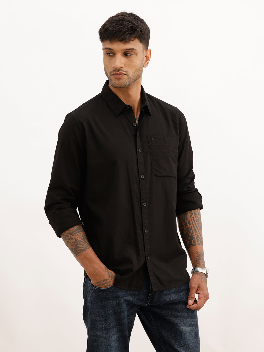 Solid Regular Fit Full Sleeve Shirt | Black | WWSH9012F