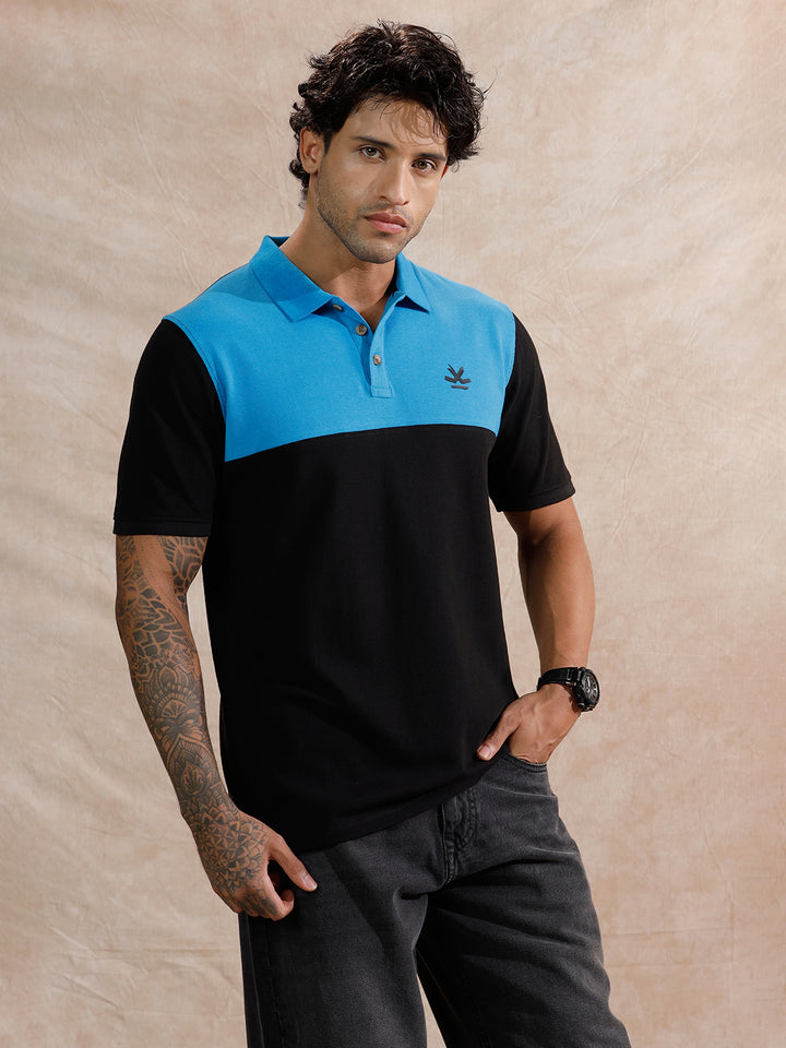 Contrast Colour Blocked Polo T-Shirt | Navy Blue
