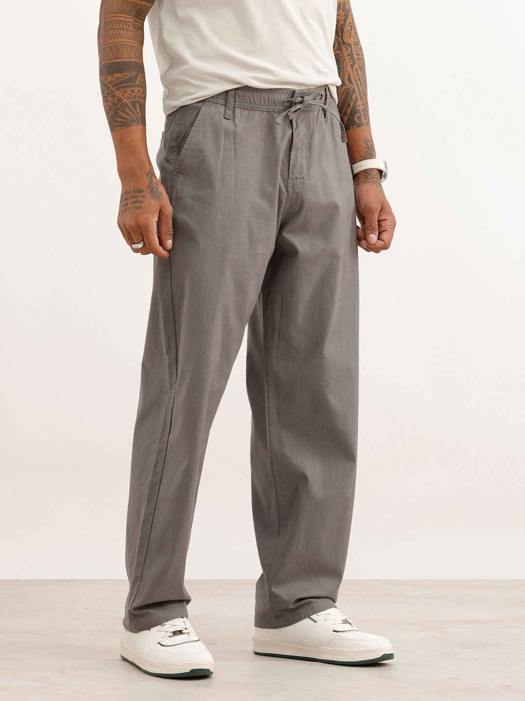 Solid Loose Fit Drawstring Trouser | Grey