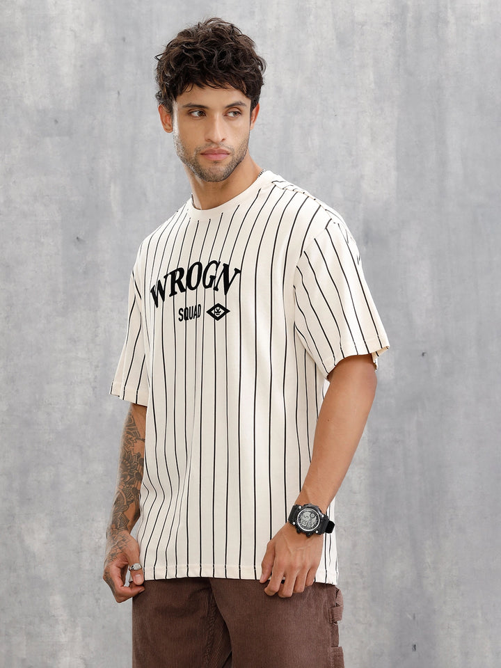 Striped Oversized Fit T-shirt With Flock Print | Beige