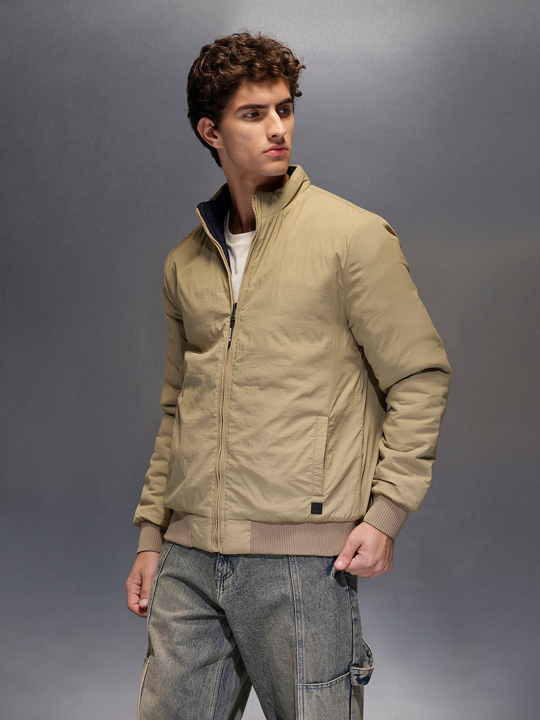 Men's Slim Fit Zip-up Nylon Jacket with Bottom Rib  |  Olive