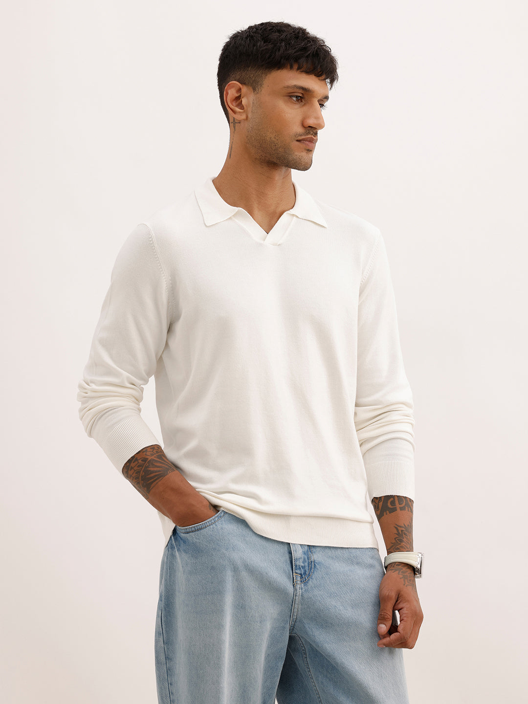 Solid Slim Fit Full Sleeve Polo T-Shirt | Off White | WPT02FSSL1630S