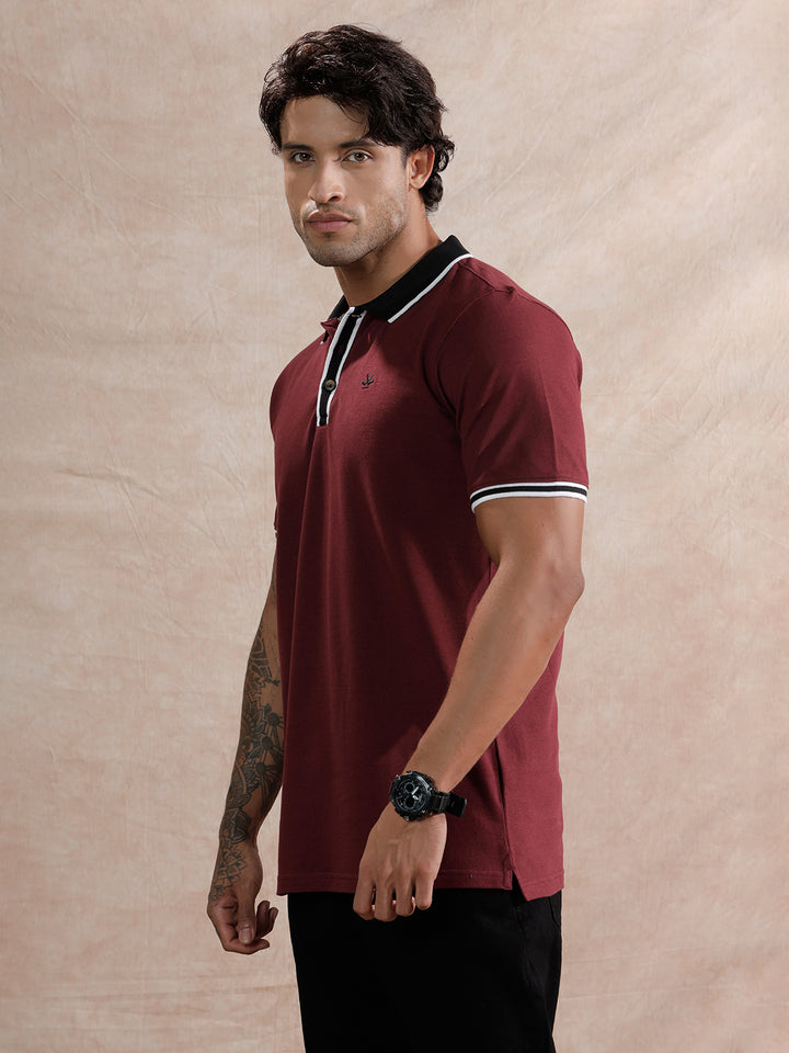 Stripped Collar Slim Fit Polo T-Shirt | Maroon