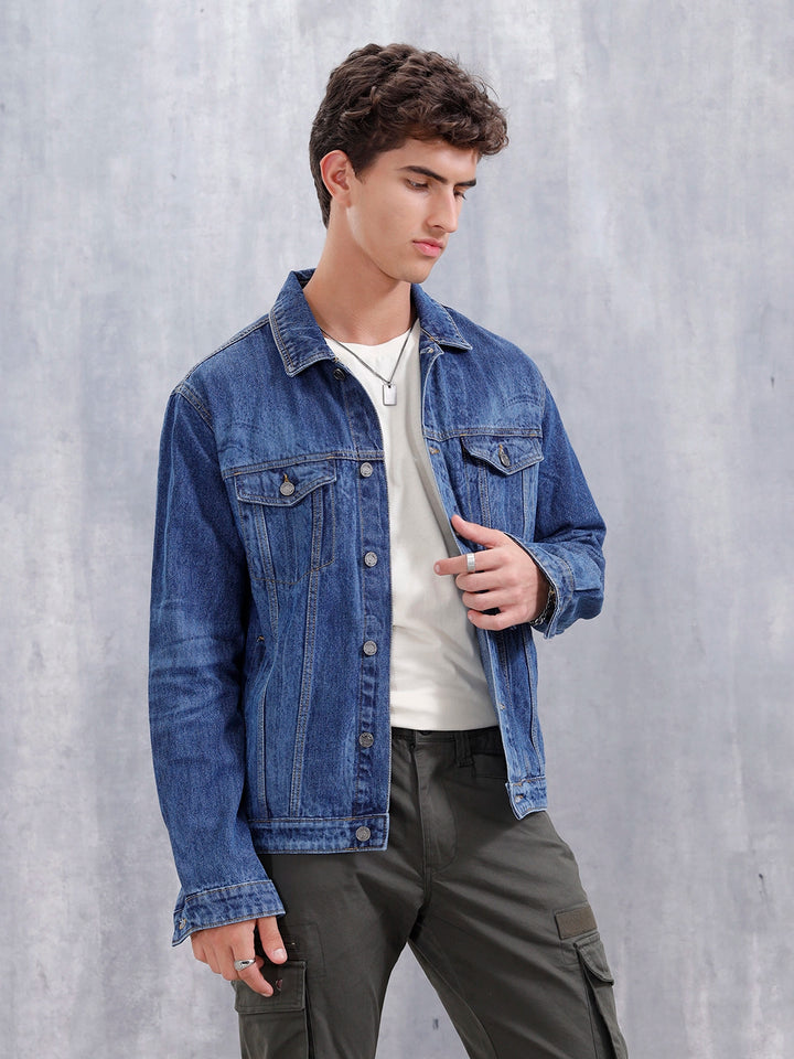 Slim Fit Laser Printed Denim Trucker | Dark Wash