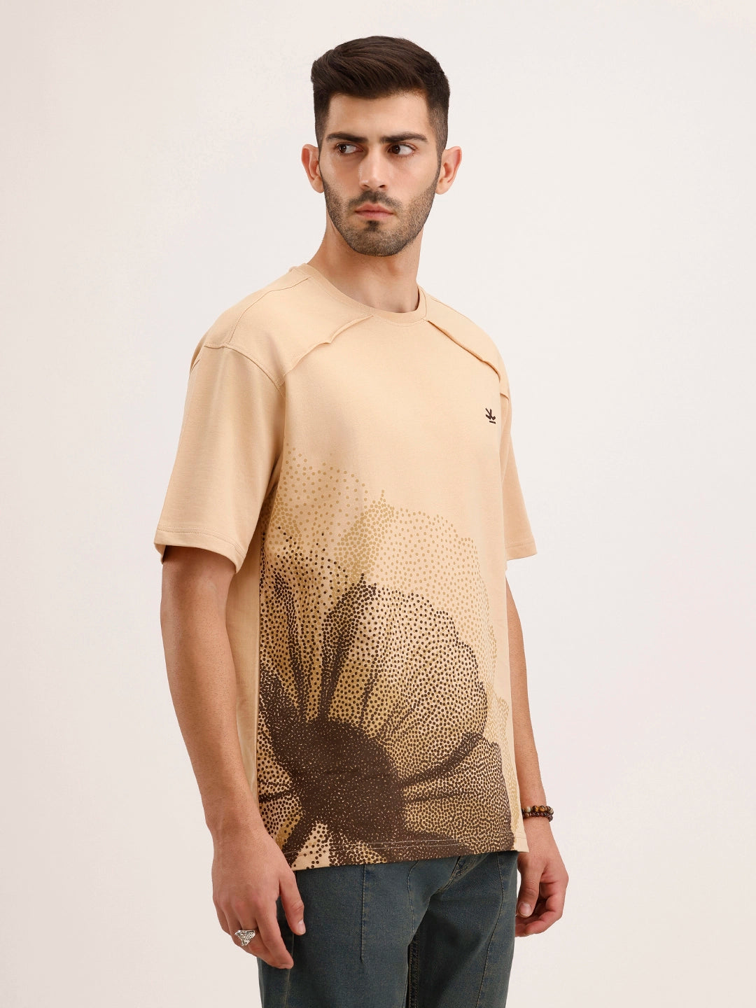 Oversized Cut & Sew Placement Printed T-Shirt | Beige