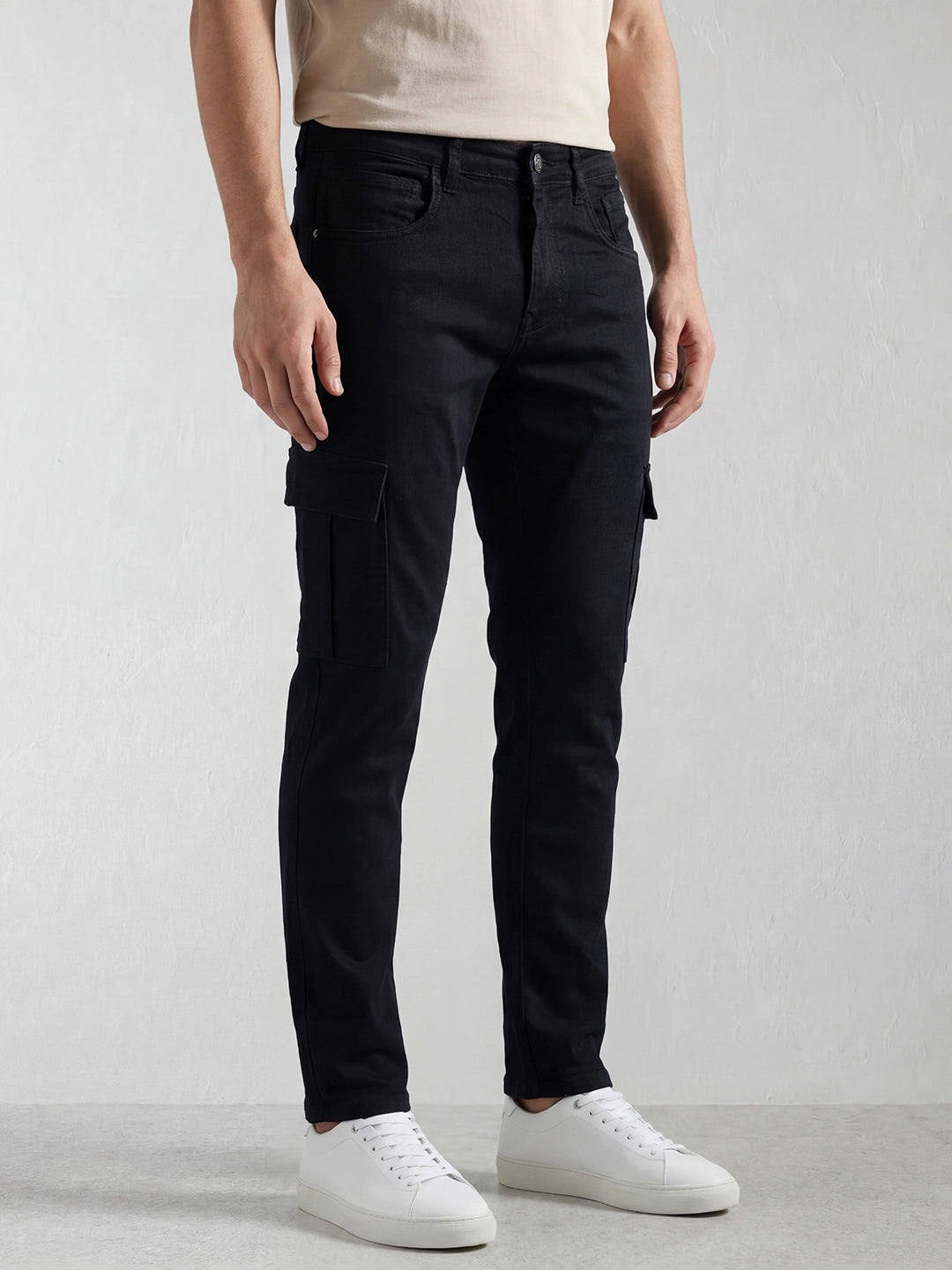 Solid Straight Fit Cargo Trouser | Black