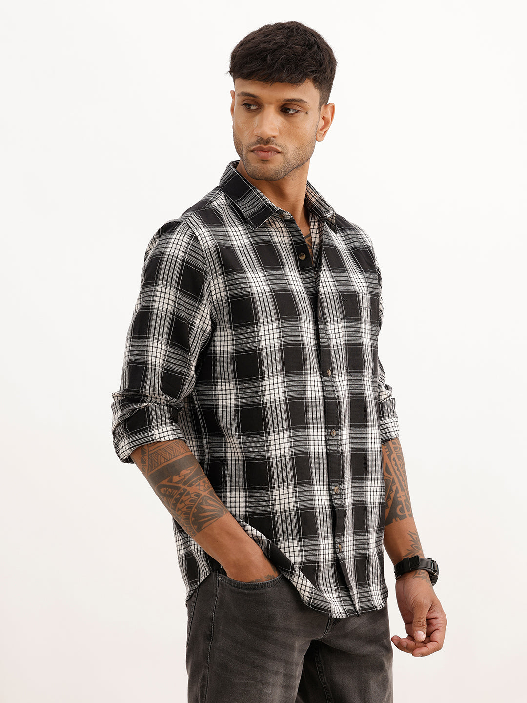Regular Fit Full Sleeve Checkered Shirt | Black