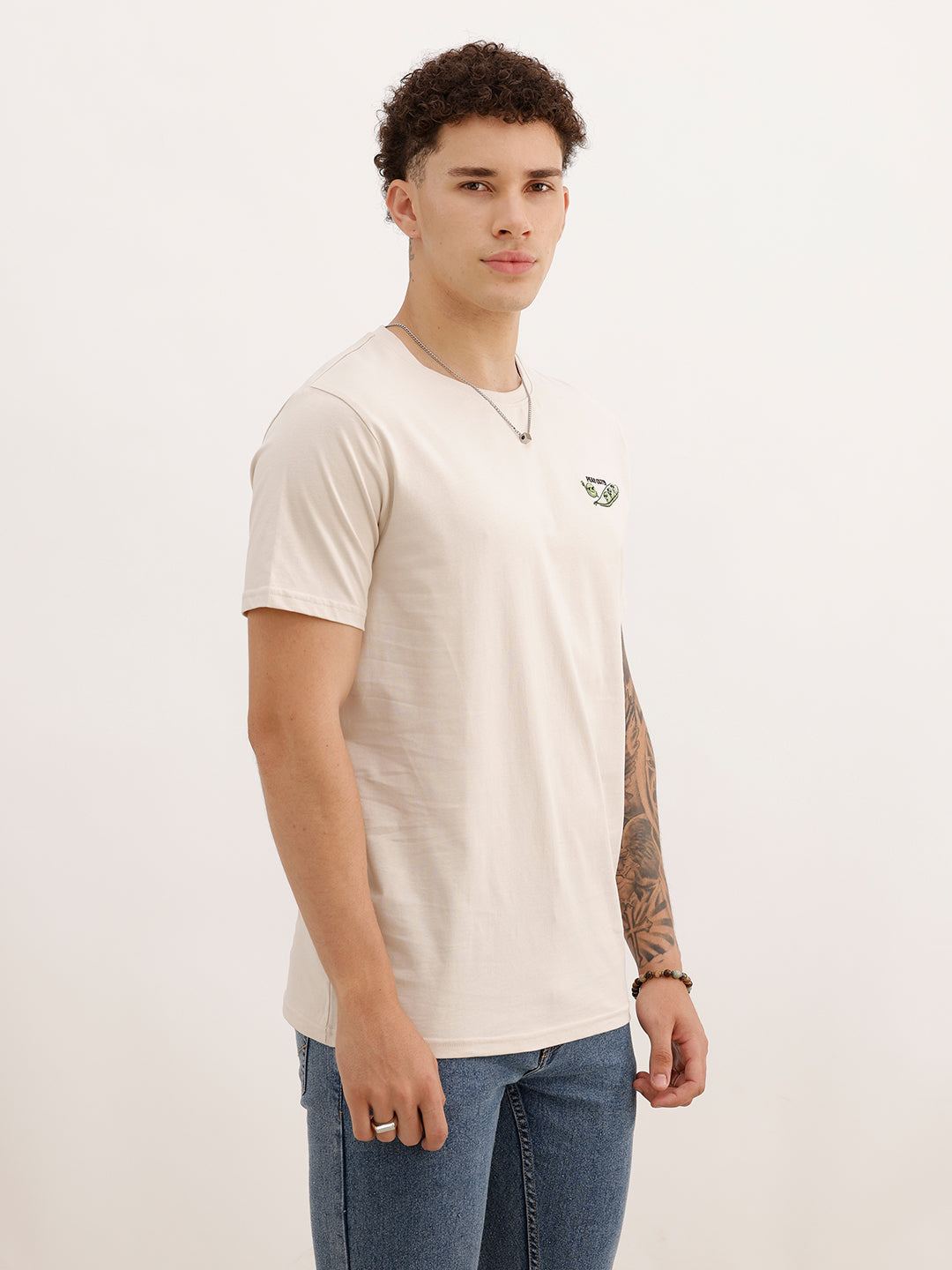 Slim Fit Embroidered Patch Detail T-Shirt | Beige | WTS02HSSL1374S