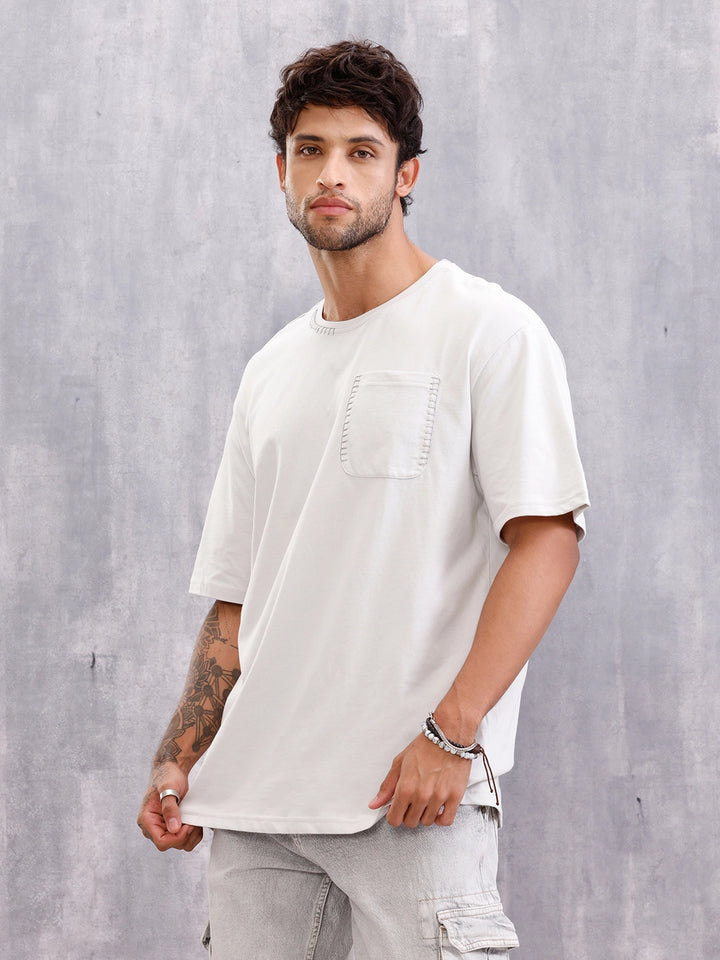 Contrast Stitch Detail Oversized Fit T-shirt With Patch Pocket | White