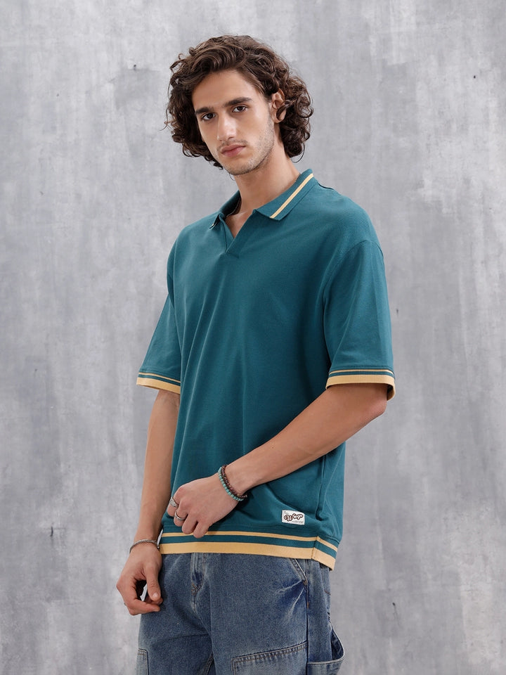 Oversized Polo T-Shirt With Contrast Trim Details | Teal