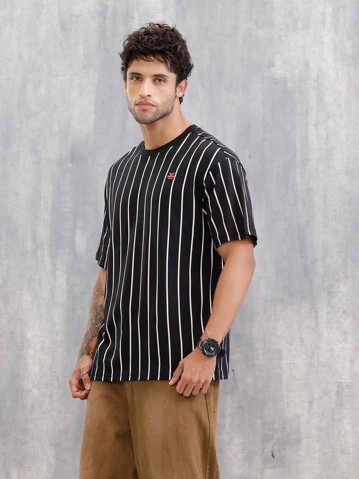 Striped Oversized Fit T-shirt With Puff Print | Black