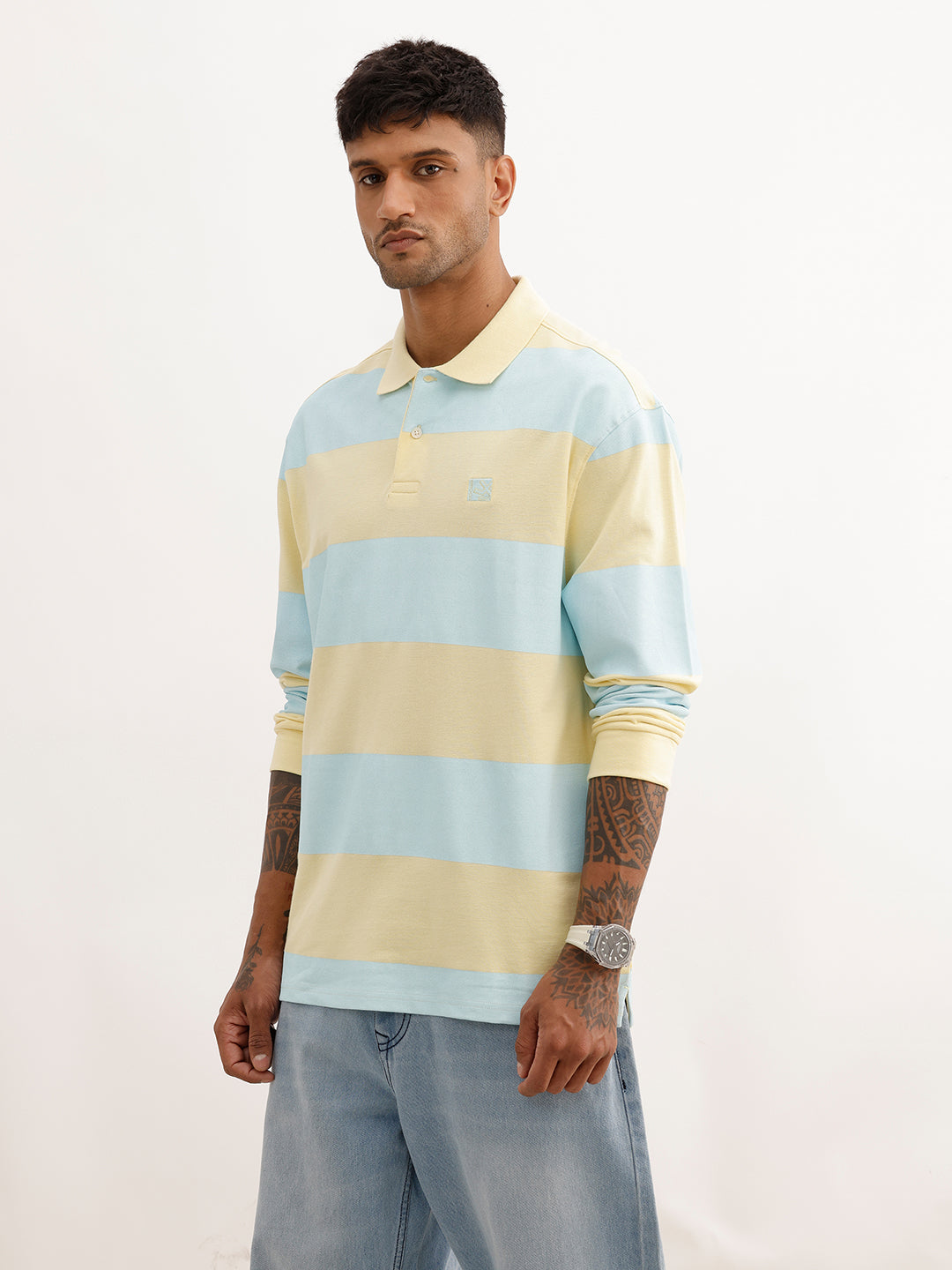 Oversized Full Sleeve Striped Polo T-Shirt | Yellow