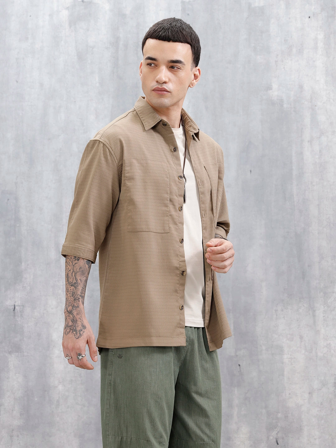 Wrogn Comfort Fit Self Textured Shirt | Khaki