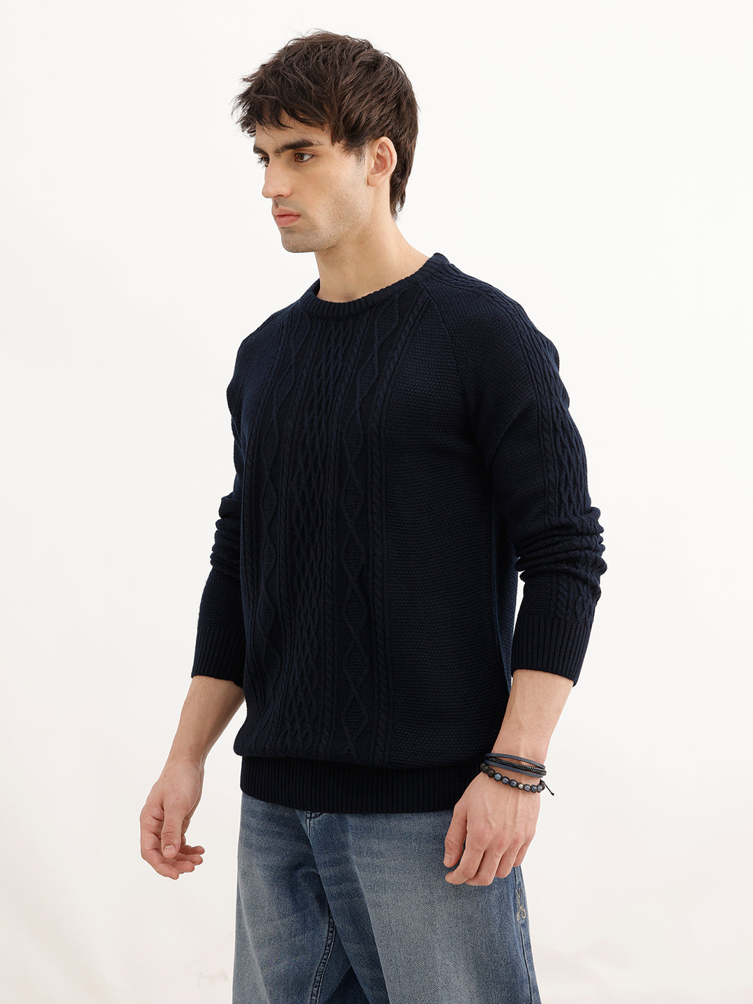 Solid Regular Fit Cable Knitted Sweater | Blue | WSW02FSRE1017W