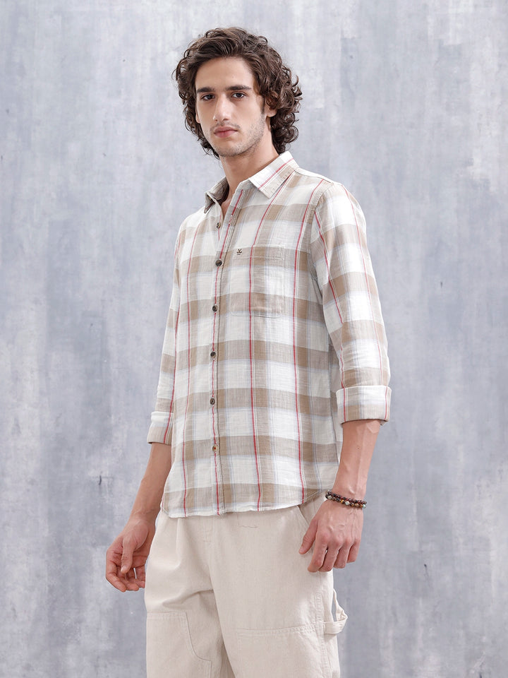 Cotton Twill Slub Checks Slim Fit Shirt | Beige