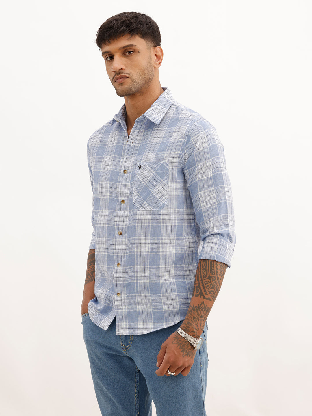 Regular Fit Checkered Shirt | Light Blue