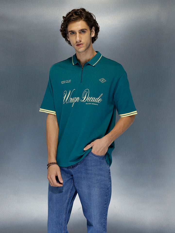 Men’s Retro Script print Zip Polo | Dark Teal