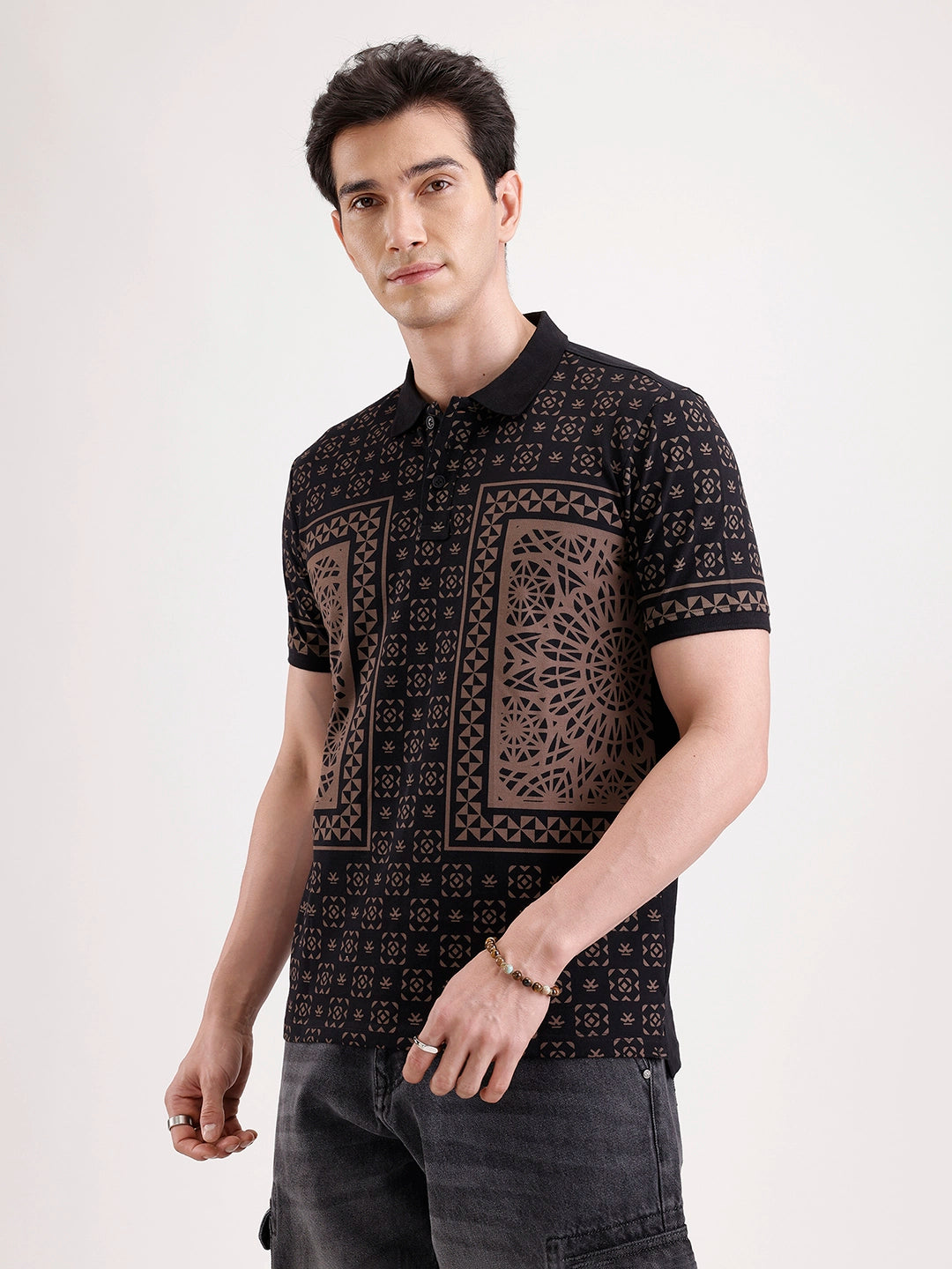 Slim Fit Pannel Printed Polo T-Shirt  | Black