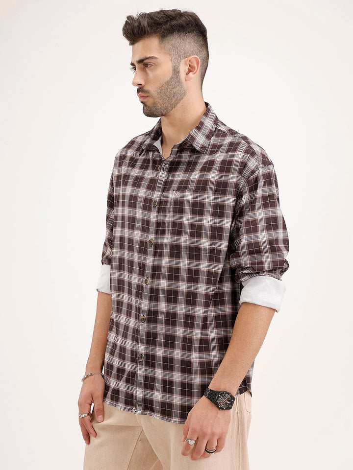 Oversized Fit Checkered Shirt | Brown