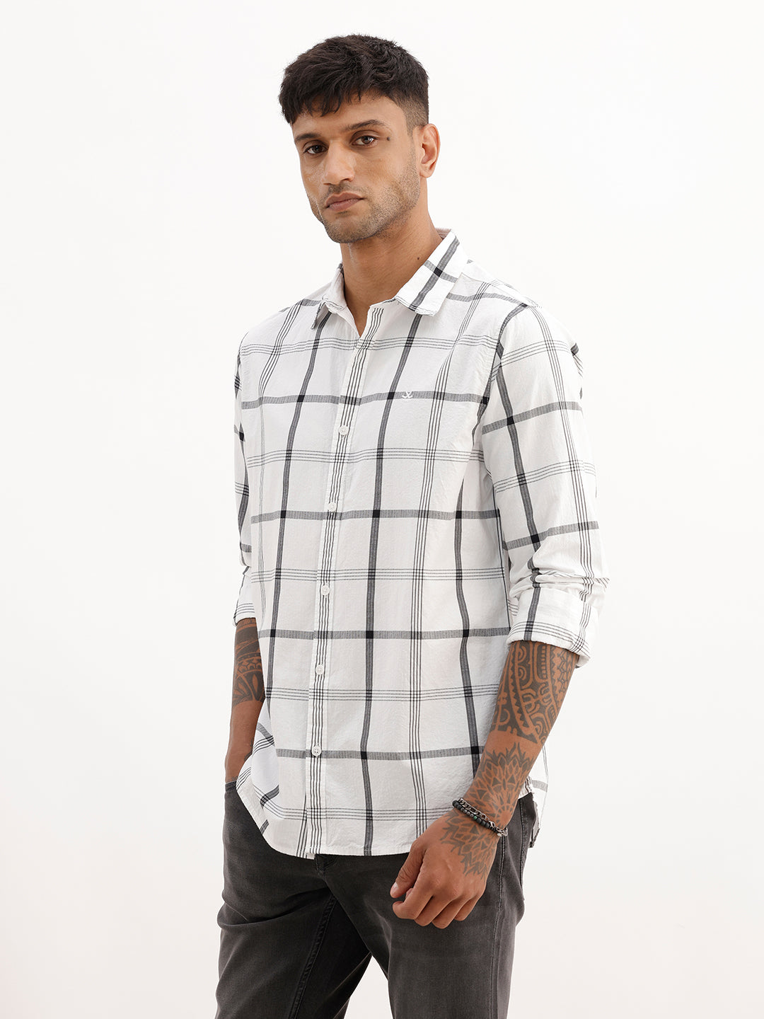 Textured Slim Fit Checkered Shirt | White