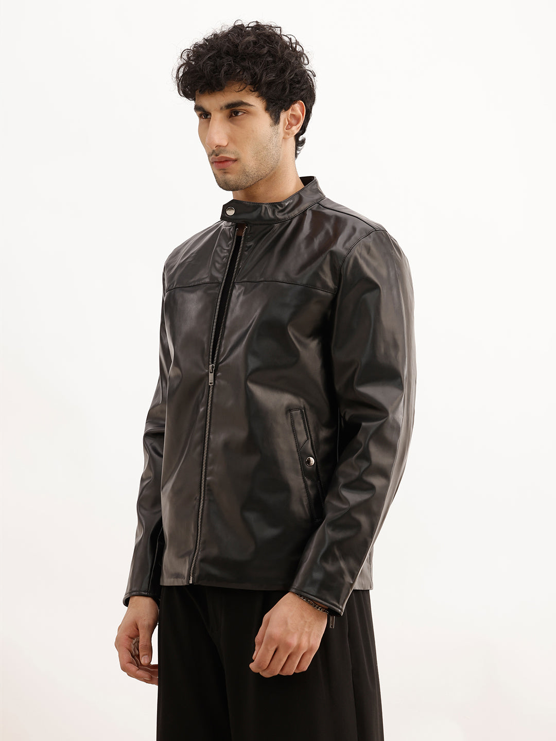 Solid Slim Fit Zipper Jacket | Black