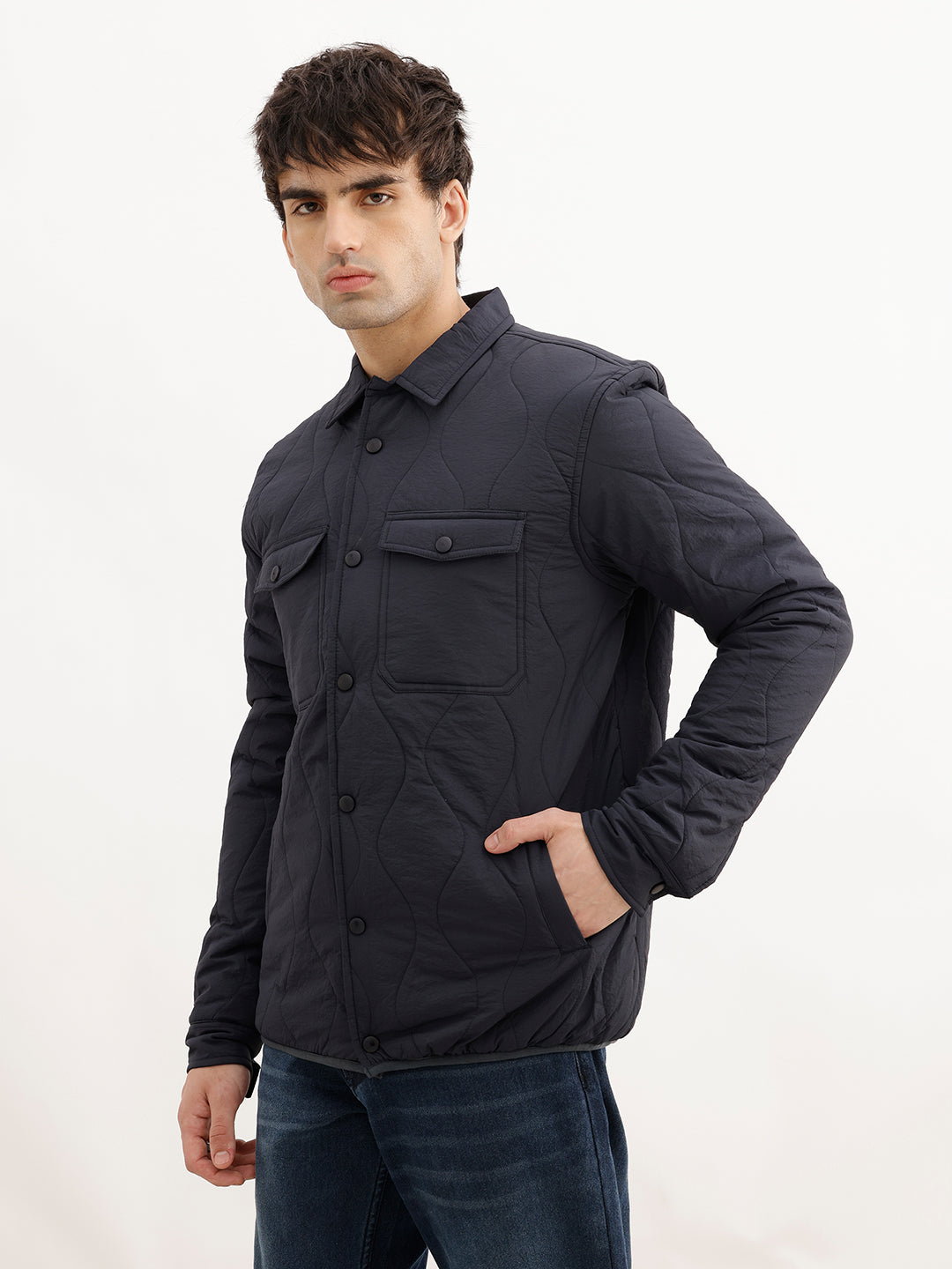 Solid Regular Fit Fuffer Jacket | Navy Blue | WJK02FSRE1028W