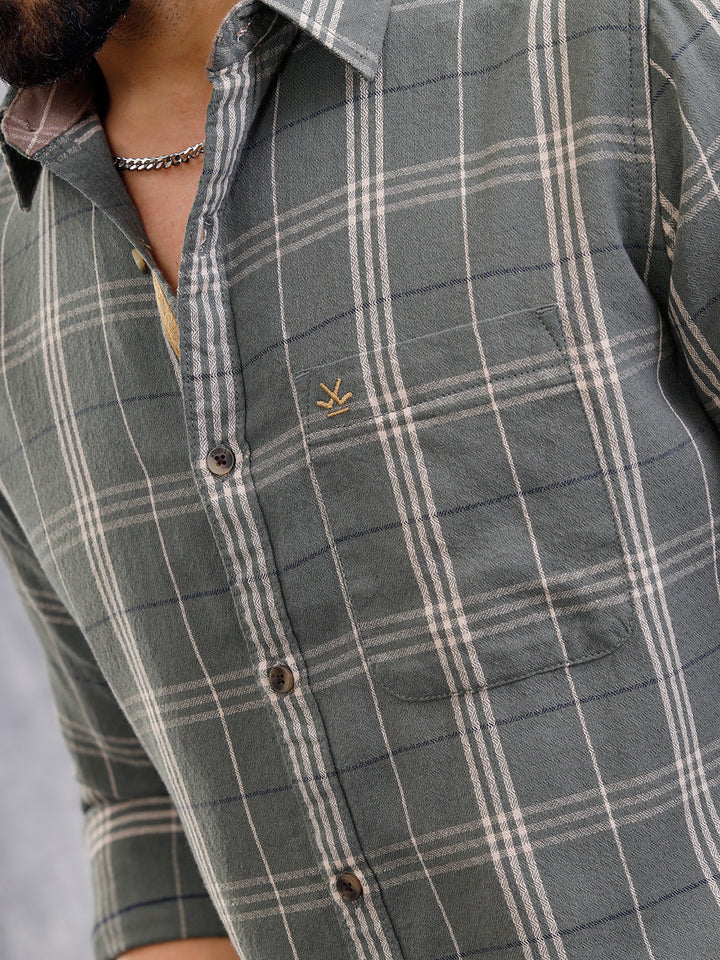 Dobby Textured Tonal Check Shirt In Slim Fit | Green