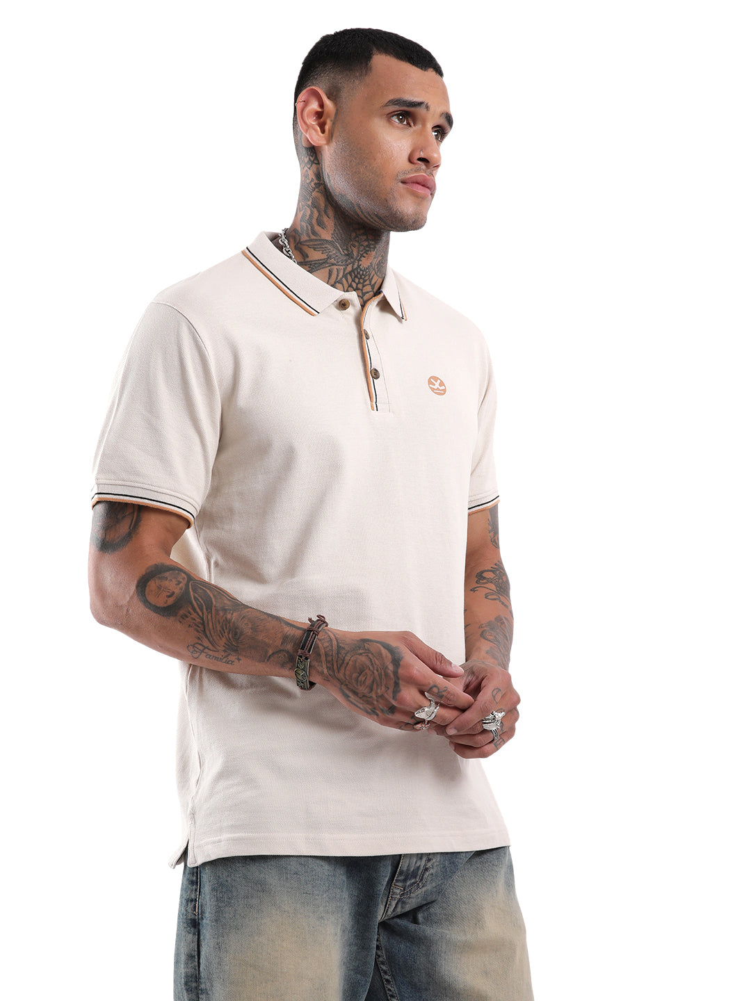 Beige Trim Casual Polo T-Shirt