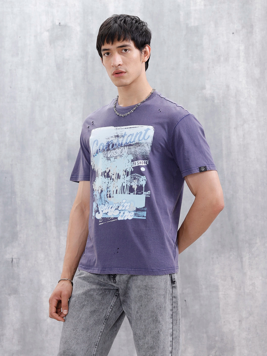 Oversized Washed Distressed Graphic T-Shirt  | Navy Blue