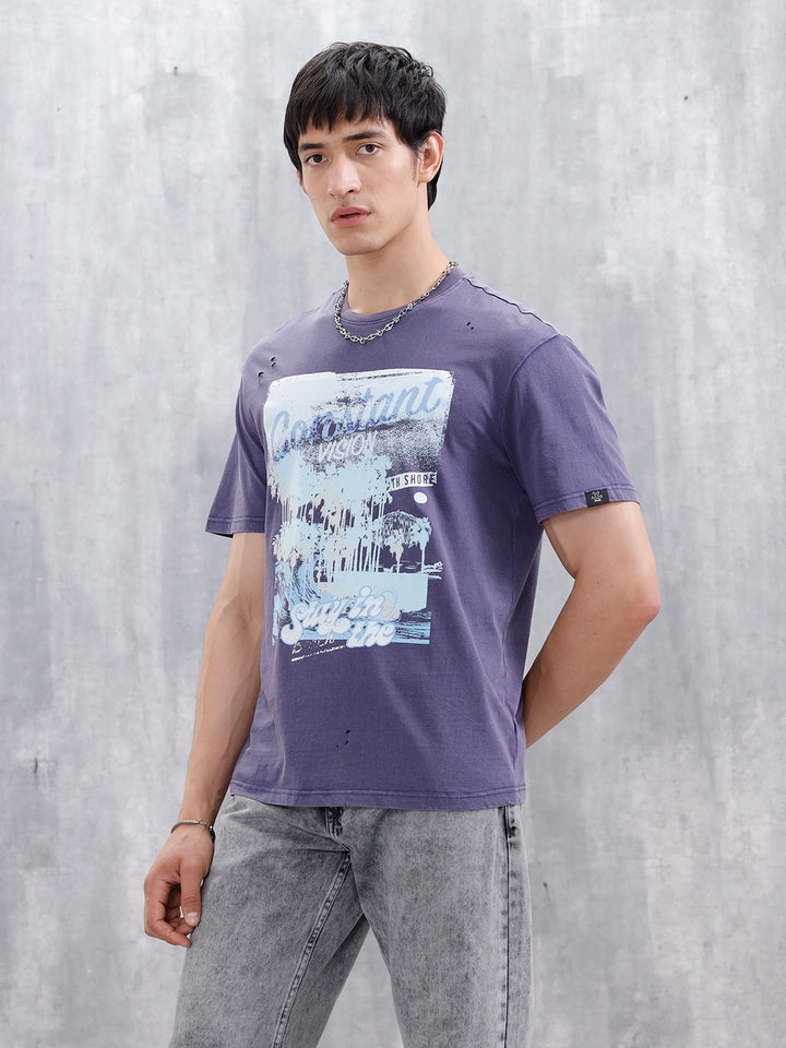 Oversized Washed Distressed Graphic T-Shirt  | Navy Blue