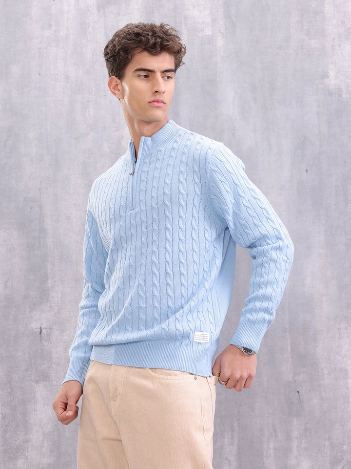 Soft Pastel Blue Cable Knit Half Zipper Pullover | Light Blue
