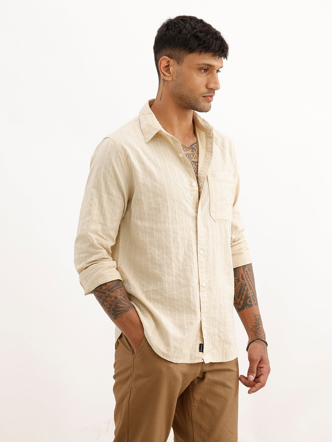 Slim Fit Striped Full Sleeve Shirt | Beige