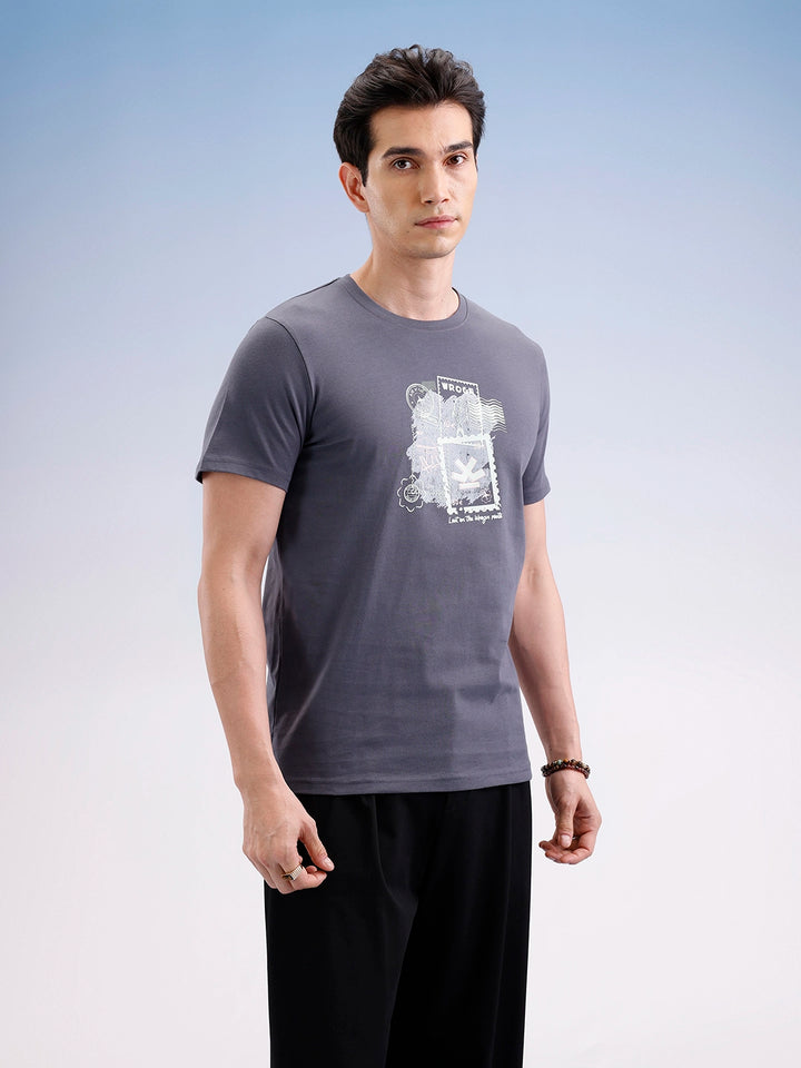 Slim Fit Placement Printed T-Shirt  | Dark Grey