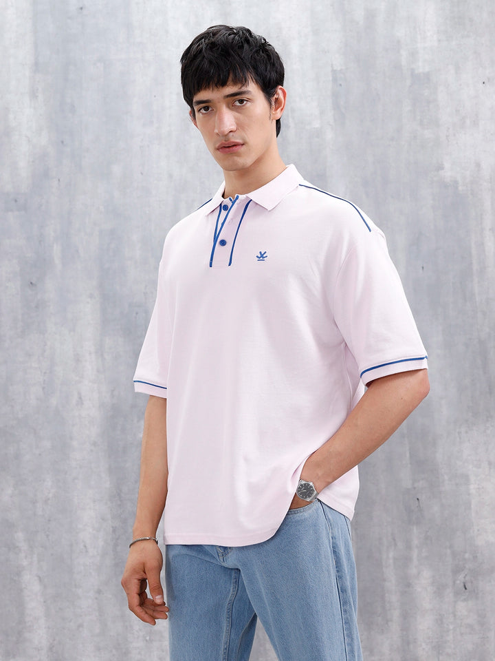 Oversized Polo T-Shirt With Contrast Trim Details | Pink