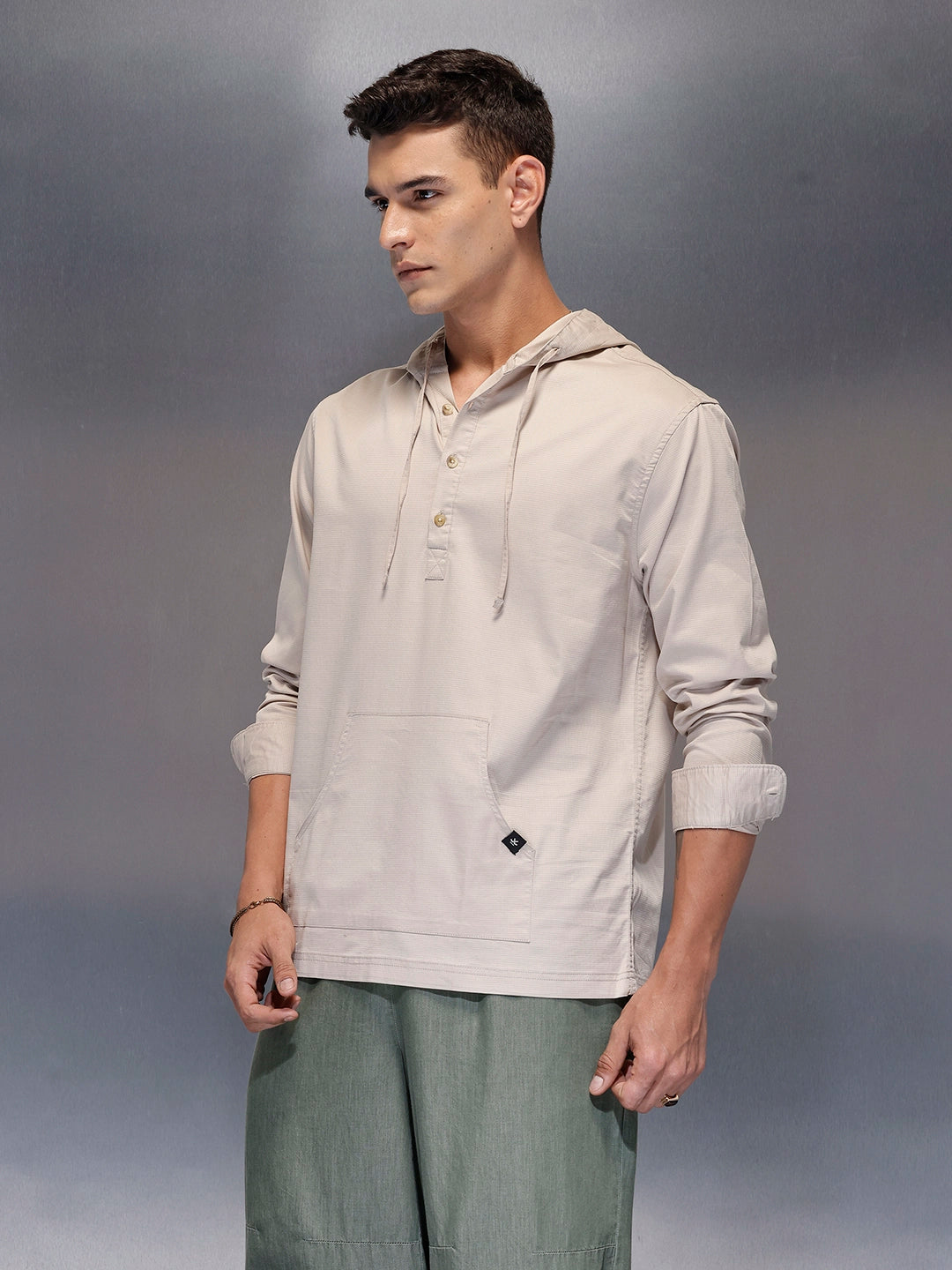 Men's casual hooded half-placket shirt with hood | Beige