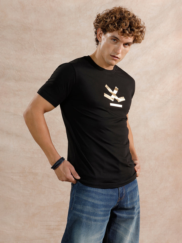 Gold Foil Print Slim Fit T-Shirt | Black