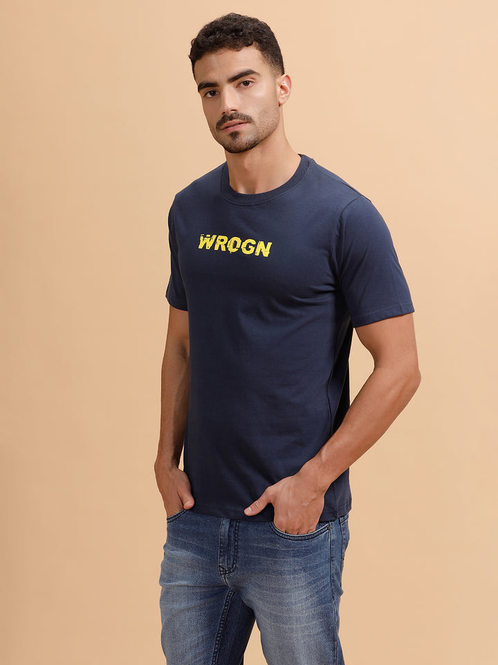 Glitched Logo Printed Slim Fit T-Shirt  | Navy Blue